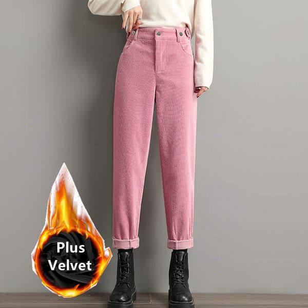 

women's pants & capris autumn winter plus velvet thicken corduroy women high waist warm harem casual long sweatpants c7911, Black;white