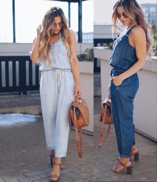 

womenladies strap wide legs women jumpsuits bodycon cowboy sleeveless denim trousers clubwear, Black;white