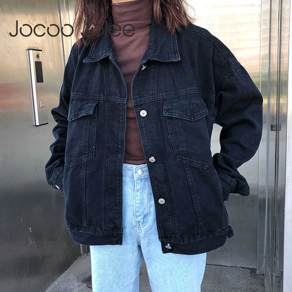 

jocoo jolee women black denim jeckets vintage jean coat korean harajuku loose jackets casual wild bf style coat outwear 210619, Black;brown