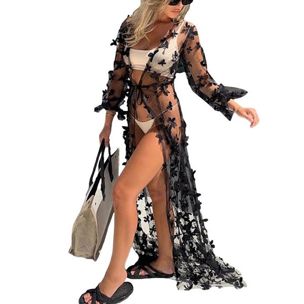 

women's swimwear 2021 mesh sheer transparent bikini cover ups for women girls embroidered butterflies long dresses beach vacation style, White;black