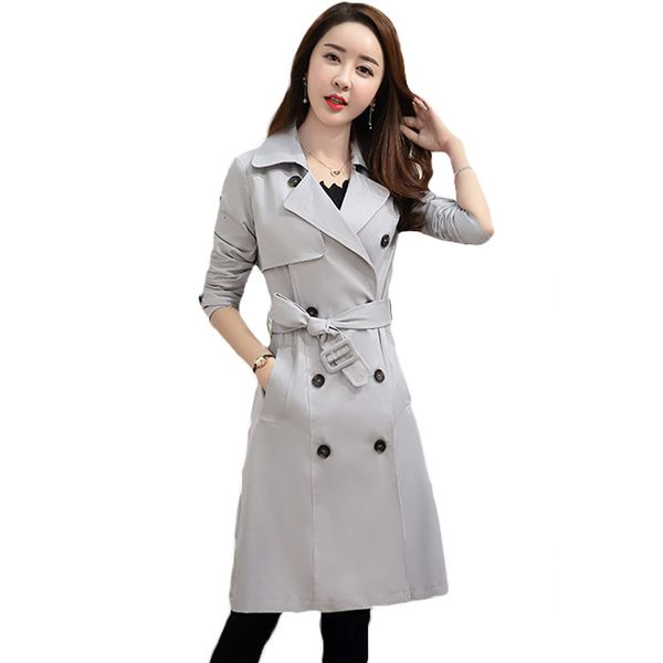 

tracksuits 5 color double breasted long reach coat spring fashion plus size female blusion belt outwear l112 pu3w, Gray