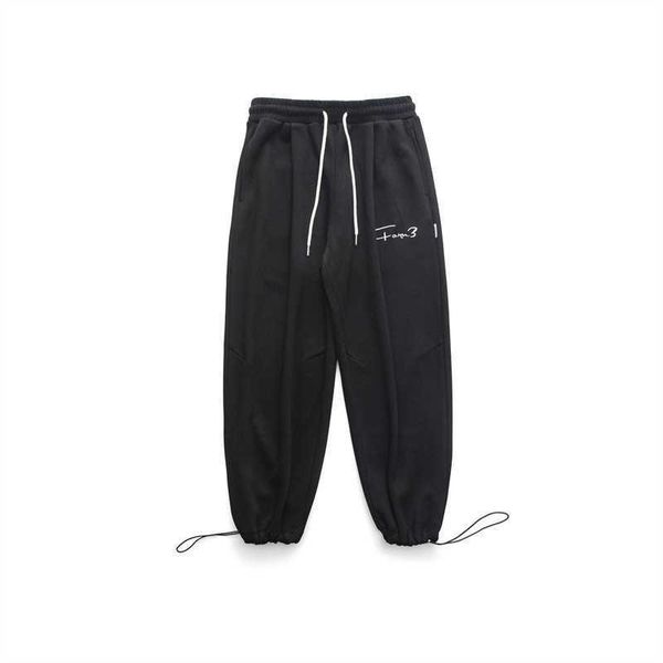 

forn3 autumn sportswear men's trend loose straight tube drawstring hemmed knitted casual pants, Black