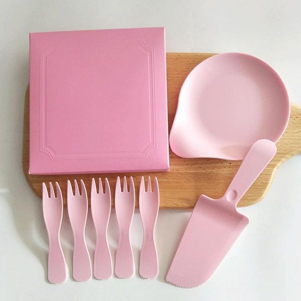

packaging dinner service 1 set cake knife fork drip tray wavy plastic cutlery disposable birthday tableware