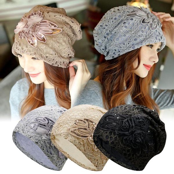 

beanie/skull caps lace flower slouchy baggy hat women autumn winter warm turban cap casual female solid bonnet beanie, Blue;gray