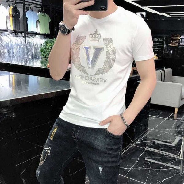 

w0568 summer men's short sleeve t-shirt korean v-shaped crown sequin drill european fashion mercerized cotton t-shirt, White;black