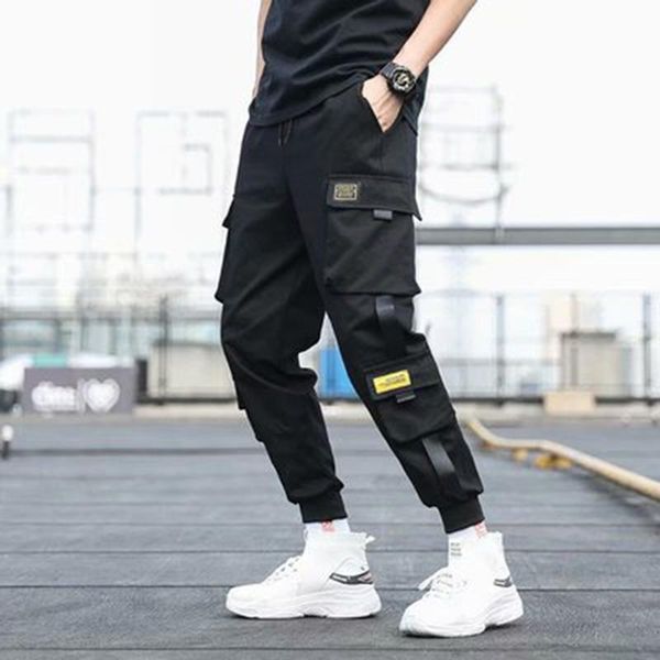 

men's pants side pocket cargo harem 2021 ribbon black hip-hop casual nine-point trousers fashion street