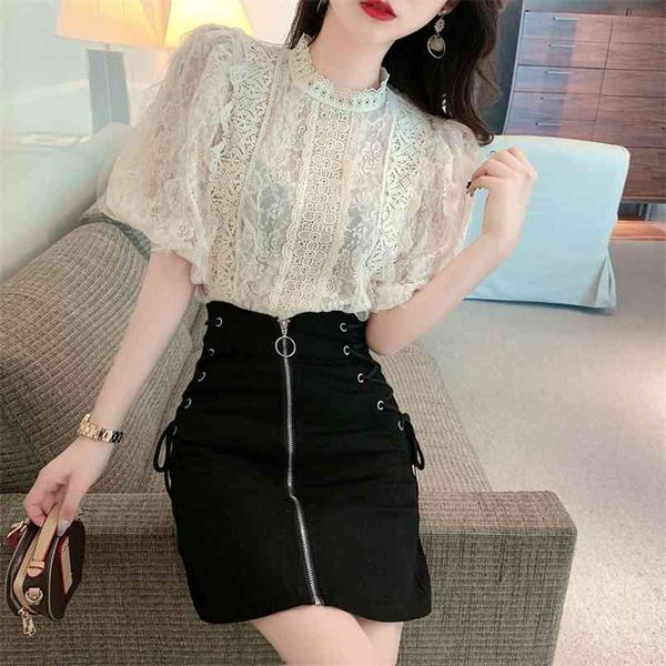 

chic side cross lacing skirt shirts 2 piece set women puff sleeve lace blouse & high waist bodycon suits female 210602, White
