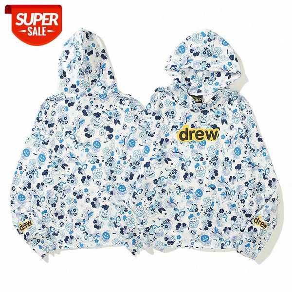 

men's drew bieber smiley clouds full print hoodie thin trendy #d70l, Black