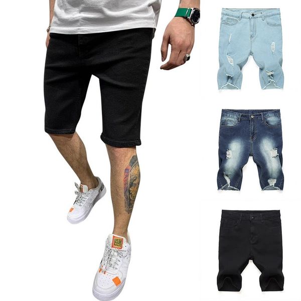 

men's jeans short pants destroyed skinny jeans ripped pant frayed denim, Blue