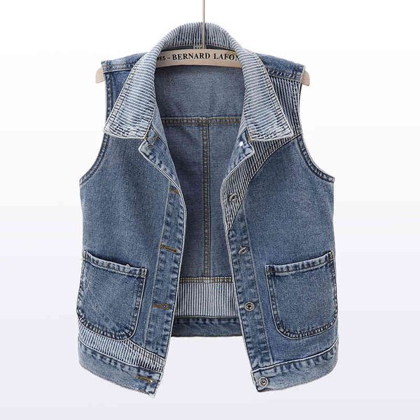 

jacket spring korean denim vest women waistcoat plus size slim short jeans vests stripe splicing sleeveless jacket coat female 5xl, Black;brown