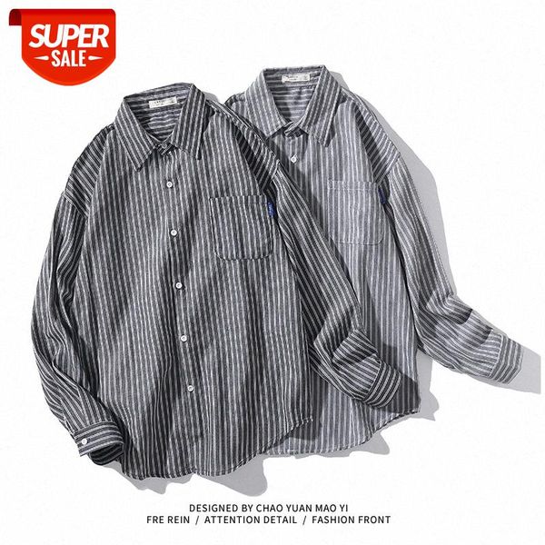 

hong kong style retro blue shirt thin jacket japanese literature and art striped long-sleeved men #6c3h, White;black
