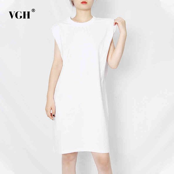 

vgh loose white dress for women o neck sleeveless solid minimalist plus size casual dresses female summer fashion new tide 210421, Black;gray