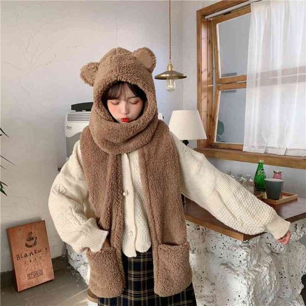 

41xc korean women fluffy plush warm 3 in 1 hooded scarf hat gloves set cute cartoon cat ears one-piece winter windproof earflap, Blue;gray
