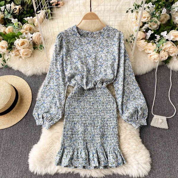 

neploe elegant wooden ear patchwork print dress women high waist hip skinny vestidos o neck pullover lantern long sleeve robe 210423, Black;gray