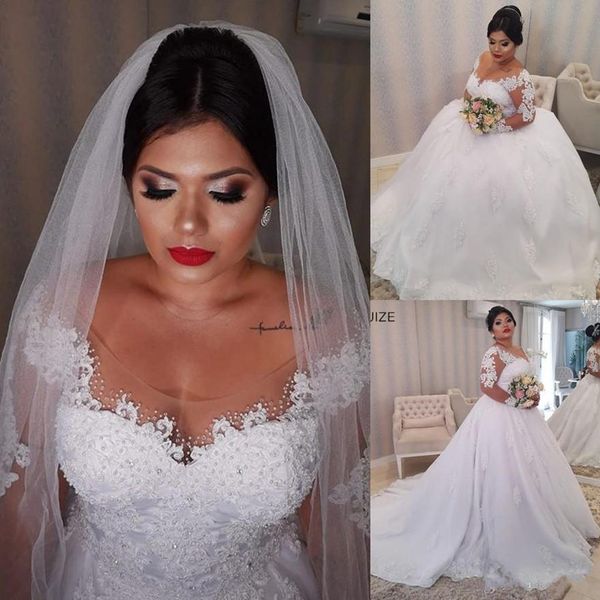 

2021 plus size wedding dresses bridal gown deep v neck beaded lace applique long sleeves sweep train a line custom made vestido de novia, White