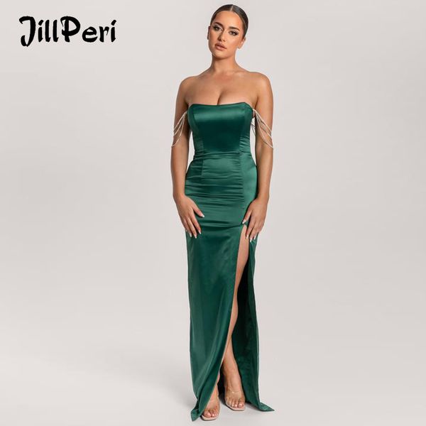 

jillperi satin diamante off shoulder strapless maxi dress solid slit floor length full lined corset evening dress gown, Black;white