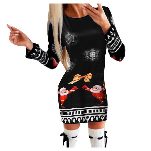 

casual dresses womens christmas mini dress ladies long sleeve xmas printed jumper style for winter vestido de mujer, Black;gray