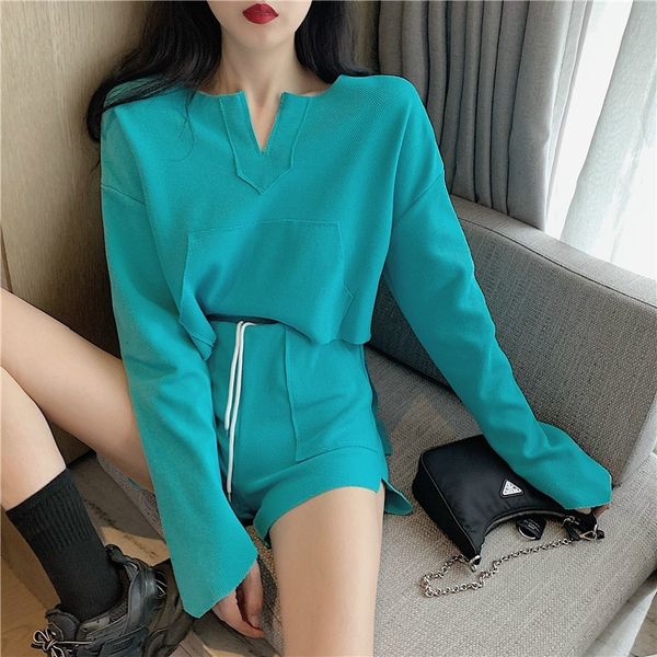 

women's tracksuits two piece pants sets solid high waist short loose korean tracksuit 28g7, Gray