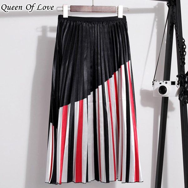 

skirts -coming summer catroon printing women mid-calf pleated skirt european high street style empire, Black