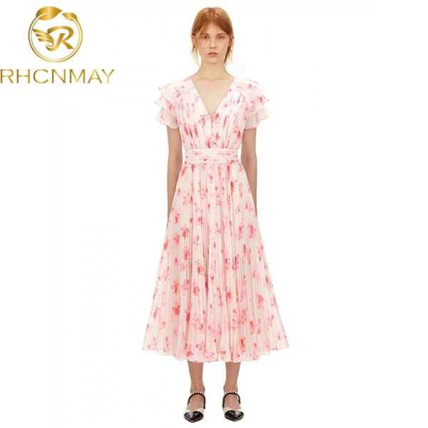 Runway de luxo elegante chega mulheres manga curta a linha MIDI vestido plissado cintura alta impressa chiffon festa floral 210506