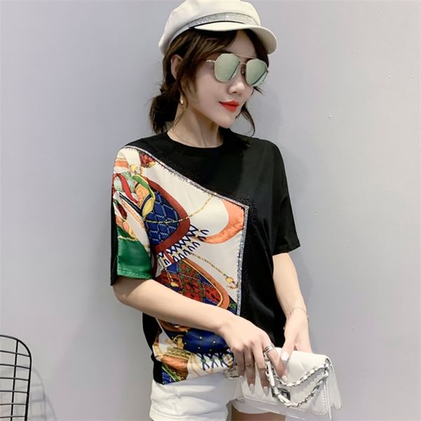 

white and black woman tshirt t shirt vintage embroidery cotton pactwork chiffon tee femme korean tshirt summer 210623