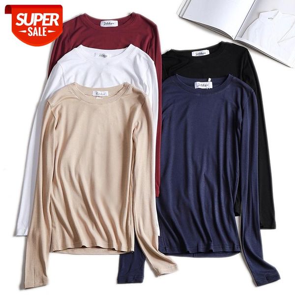 

plain t shirt women cotton knitted slim elastic basic t-shirts female casual long sleeve t-shirt women 2021 #c91d, White