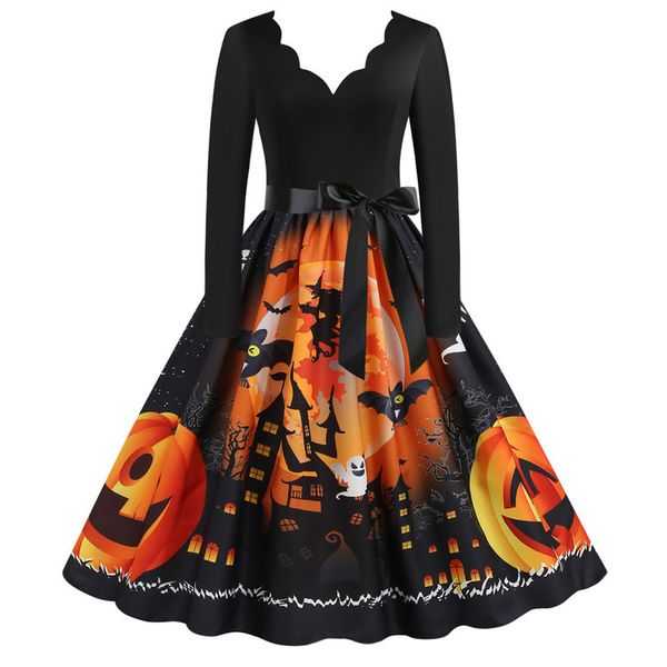 

halloween cute printing fashion plus size women's dresses ladies comfortable loose party holiday show long sleeves, Black;gray