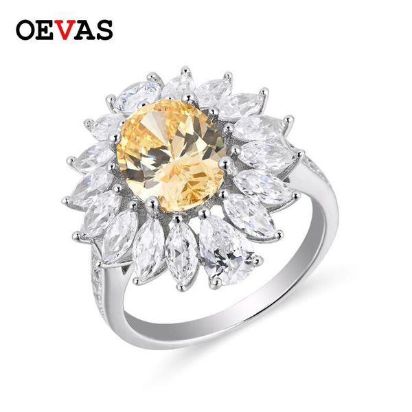

100% 925 sterling silver pink yellow oval high carbon diamond flower rings for women sparkling wedding party fine jewelry cluster, Golden;silver
