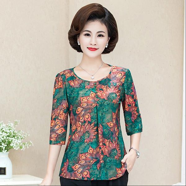 

middle aged and women shirts plus size o neck vintage summer three quarter sleeve print mother, White