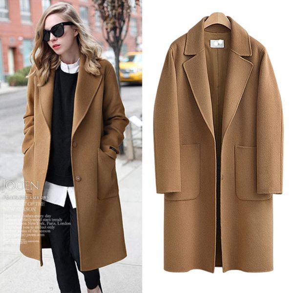 Design Plus Size 4XL 5XL Cappotto di lana di media lunghezza Donna Warm Loose Camel Capispalla Autunno Inverno Tasca grande Giacca di lana Donna