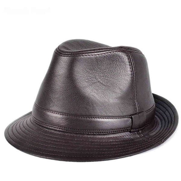 Uomo di alta qualità in vera pelle Jazz Fedora Gentleman pelle di mucca tesa corta nero / marrone Hip Pop aderente cappello a cilindro maschio mostra Topper