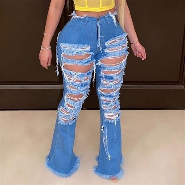 

ripped jeans fringe hollow out ruffle flare denim pants high waist bodycon hole women trousers club outfits, Blue