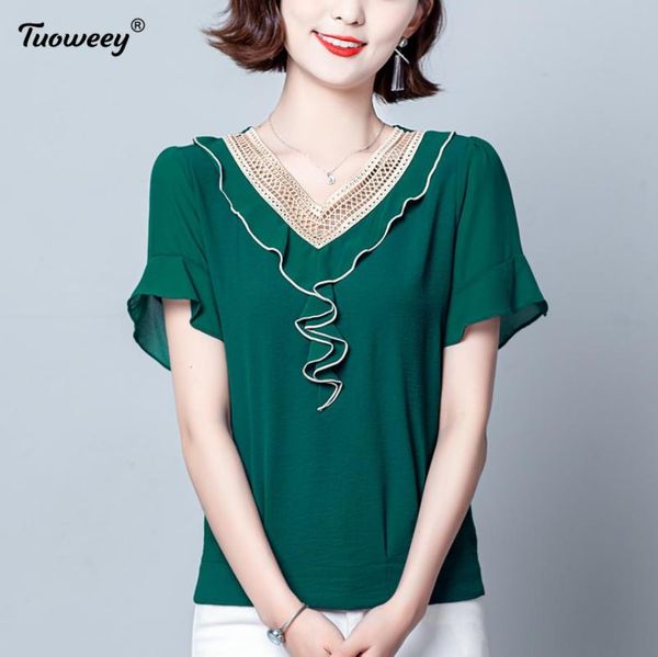 

women's blouses & shirts summer short sleeve patchwork chiffon blouse womens clothing 3xl 4xl plus size women ruffle v-neck office ladi, White