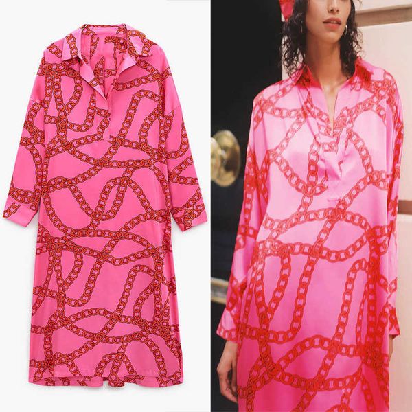 

za red chain print long shirt dress women long sleeve loose satin party dresses woman soft vintage plus size vestidos 210602, Black;gray