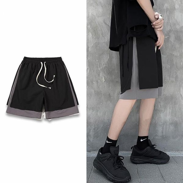 

men's shorts harajuku casual double layer patchwork drawstring knee-length short pants summer loose crossfit training clothing, White;black