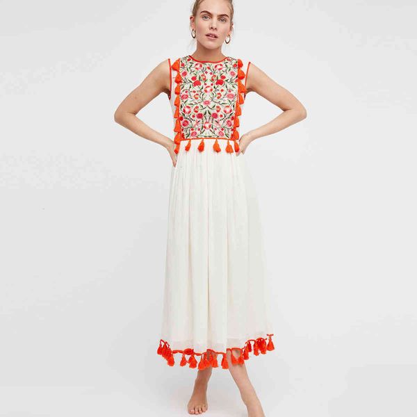 

casual dresses boho embroidered maxi hippie tassel trim vest summer sleeveless o-neck women dress female vestidos ci9a, Black;gray