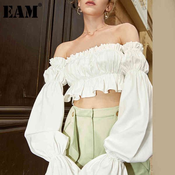 

[eam] women white ruffles temperament blouse slash neck long sleeve loose fit shirt fashion spring summer 1dd8772 210512