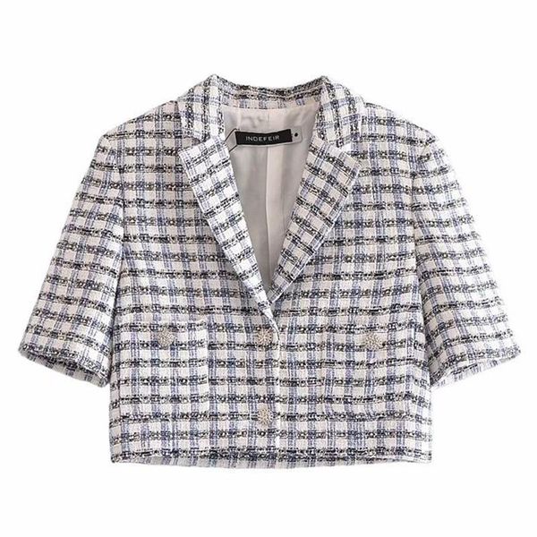 

women's suits & blazers blingblingee summer autumn short sleeve single breasted women checked cropped patch pockets female plaid jacket, White;black