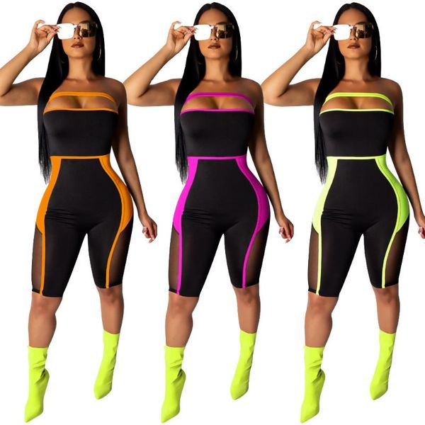 

women's jumpsuits & rompers mesh patchwork strapless playsuit women backless jumpsuit 2021 summer shorts female push up fitness streetw, Black;white