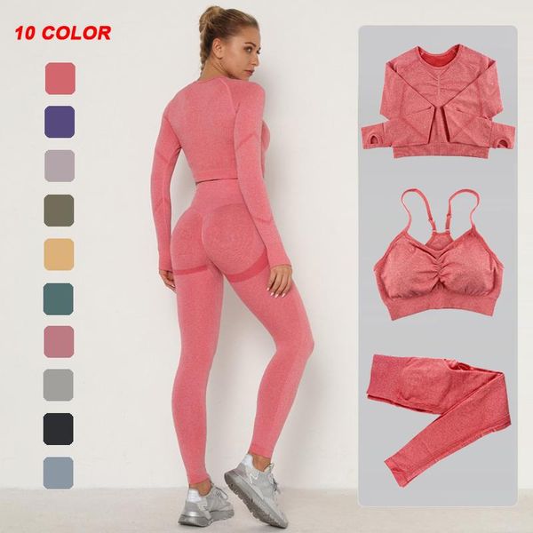 

seamless yoga set women gym clothing workout sportswear long sleeve crop sport bra high waist fitness leggings sports suits outfit