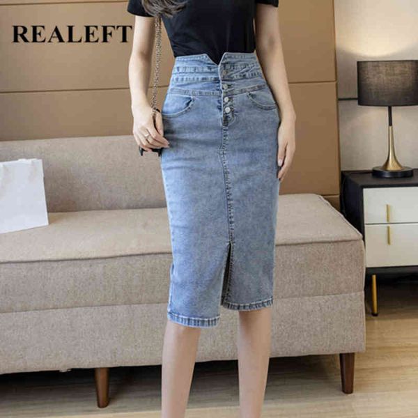

vintage women denim sheath wrap skirts high waist buttons front split pencil female spring summer 210428, Black
