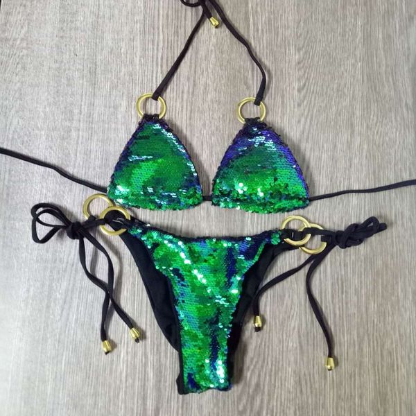 

sequin triangle bikini swimsuit bead split women's swimsuit, White;black