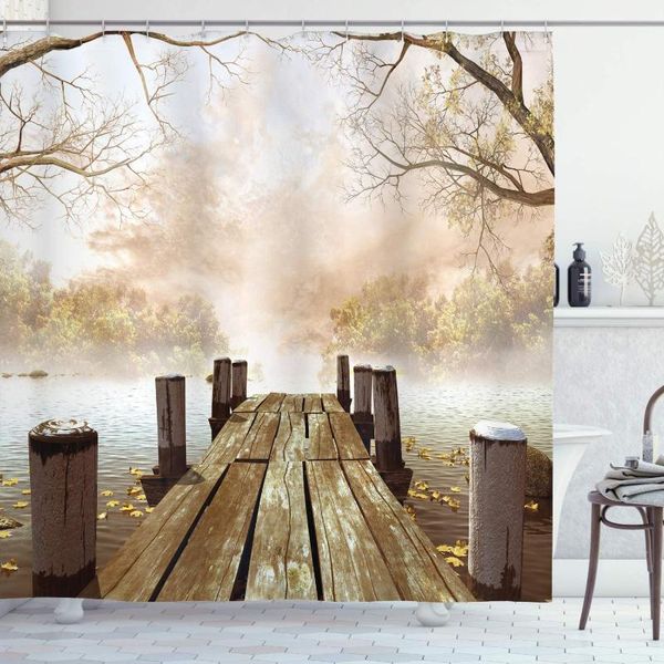 

shower curtains autumn curtain old wooden jetty on a lake with fallen leaves and foggy forest in distance bathroom decor set hooks