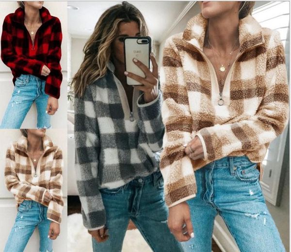 

women's hoodies & sweatshirts europe and the united states sell autumn winter fashion plaid long sleeve high collar zipper velvet blous, Black