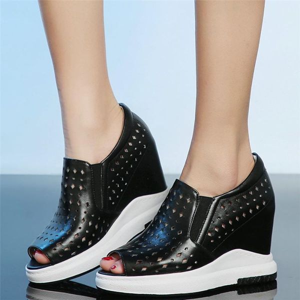 

boots trainers women breathable cow leather wedges high heel ankle female open toe fashion sneakers summer platform pumps shoes, Black