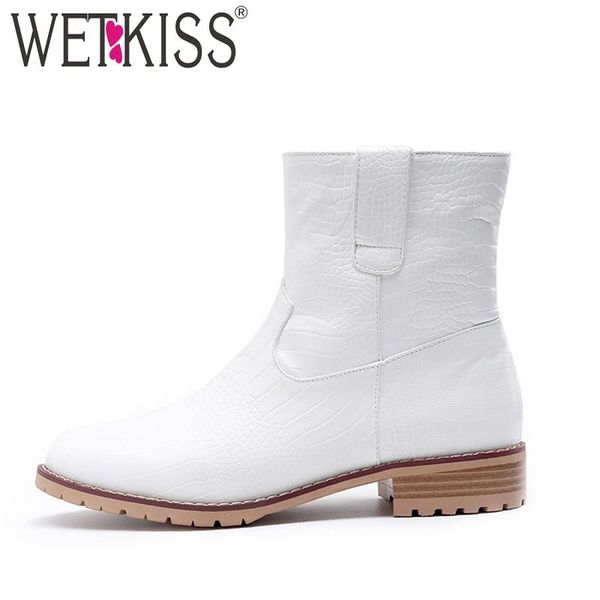 

boots wetkiss colorful snake skin pu women thick heels wood ankle boot female round toe shoes ladies winter 33-46, Black