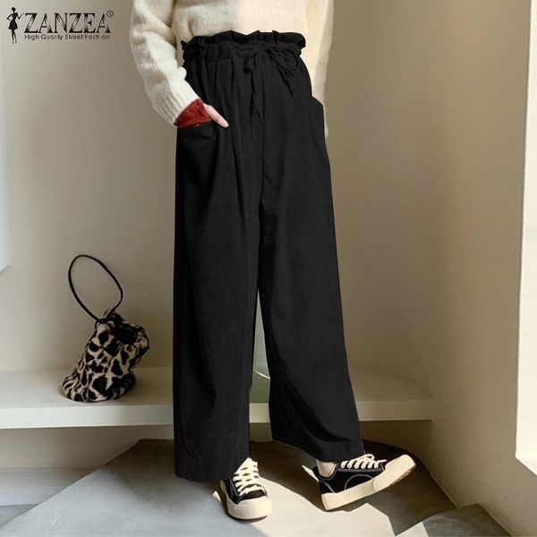 

capris vintage corduroy women's spring wide leg pants ruffle elastic waist pantalon palazzo plus size drawstring turnip, Black;white