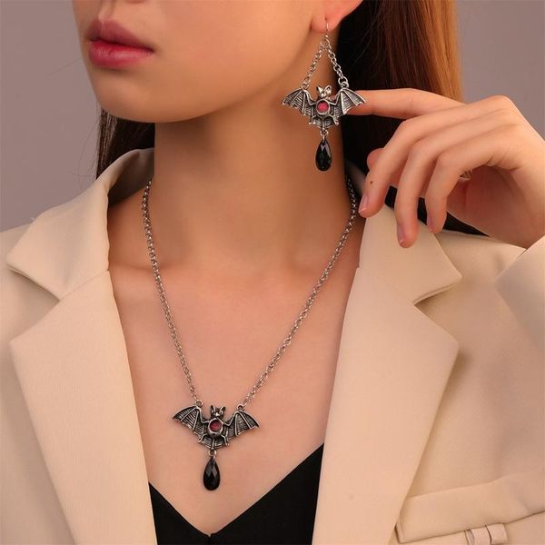 

earrings & necklace neo gothic vintage jewelry set women's bat necklaces pendants crystal cross drop for women fashion qw061, Silver