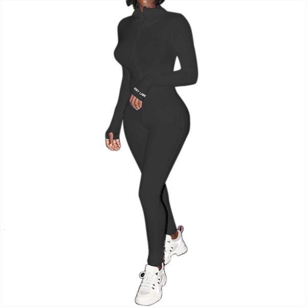 

embroidery zipper high neck bodycon womens jumpsuits outfit long sleeve ribbed sporty fitness lucky label slim, Black;white