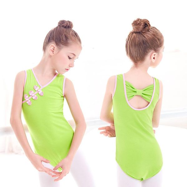 

children kids girls lycra cotton chinese style ballet leotard bow back leotards knot buttons clothes pink green stage wear, Black;red